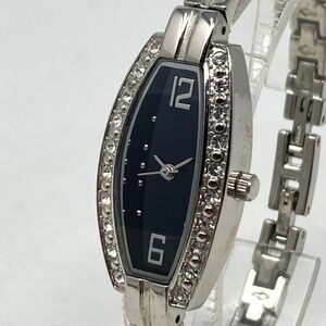 Christian Benet Watch Women Silver Tone Black Dial Crystal Bling New Batt 6.75"